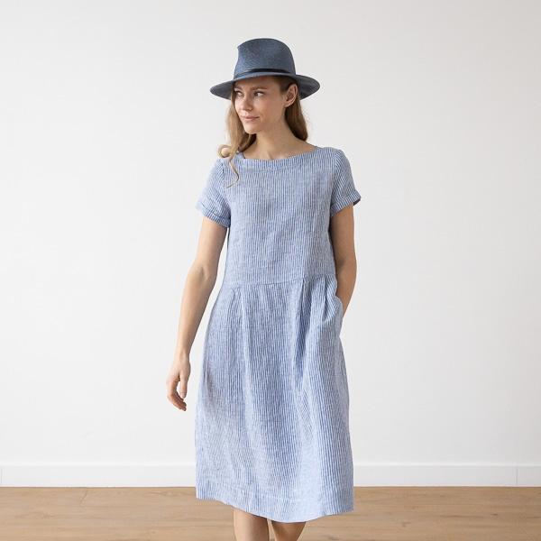Linenme Medium Stripe Linen Dress Blue Adel
