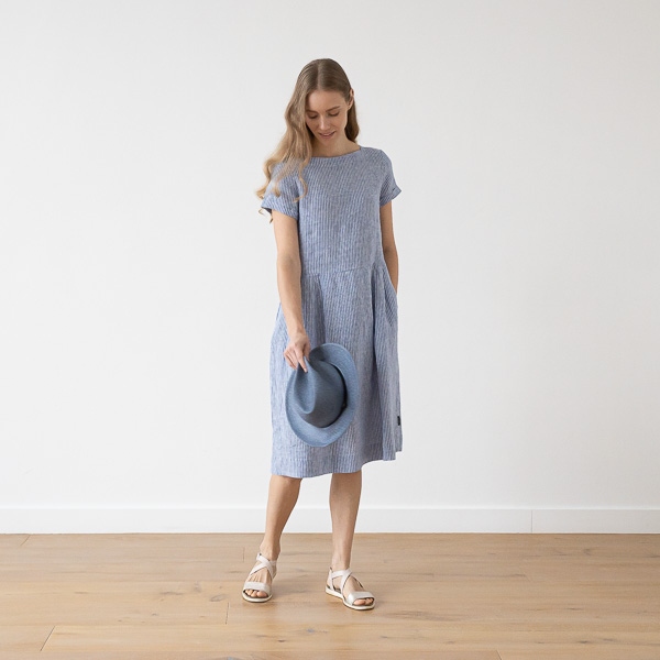 Linenme Medium Stripe Linen Dress Blue Adel
