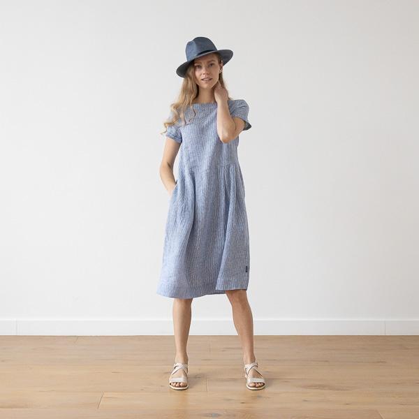 Linenme Medium Stripe Linen Dress Blue Adel