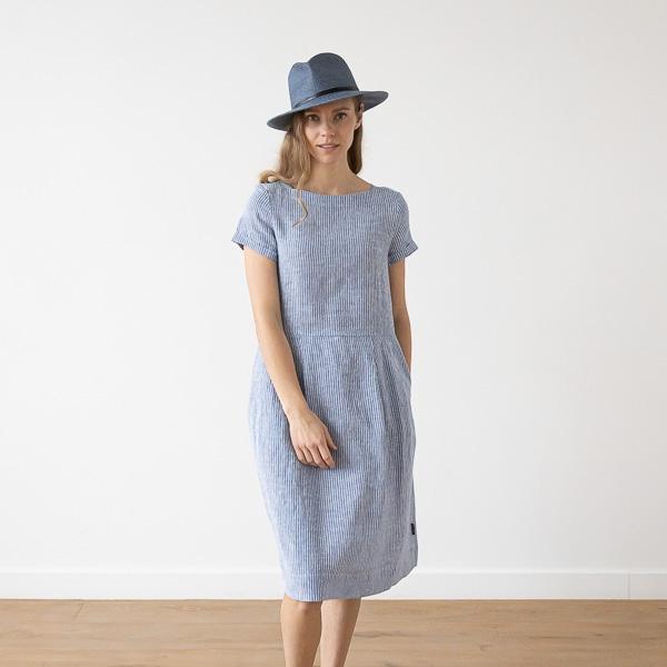 linenme Medium Stripe Linen Dress Blue Adel