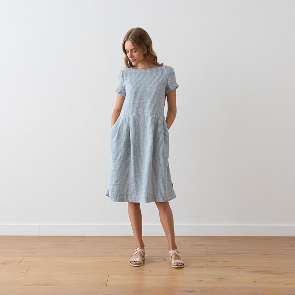 Linenme Medium Stripe Linen Dress Blue Adel