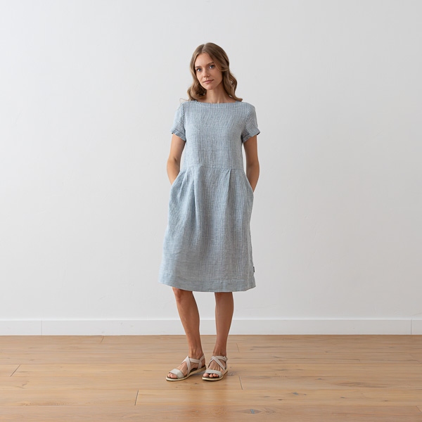 Linenme Medium Stripe Linen Dress Blue Adel