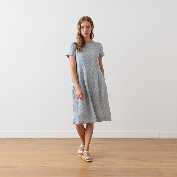 Linenme Medium Stripe Linen Dress Blue Adel