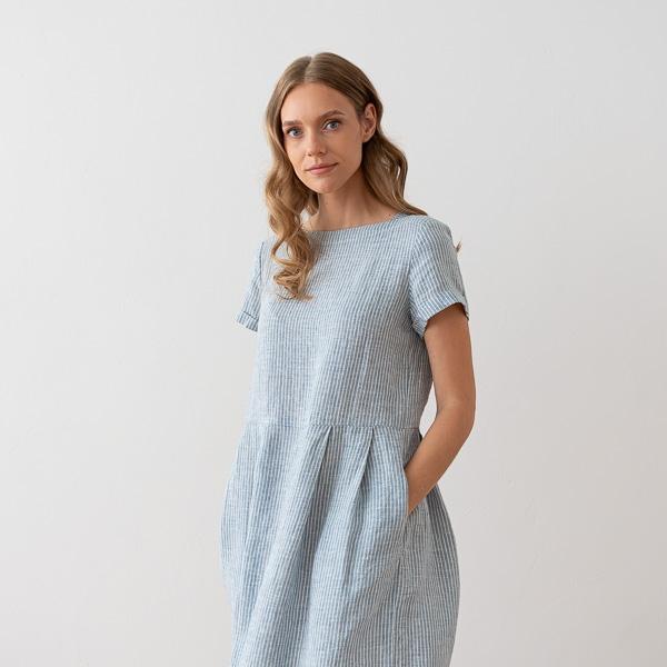 linenme Medium Stripe Linen Dress Blue Adel