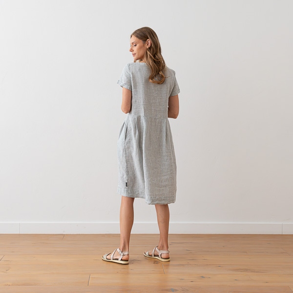 Linenme Medium Stripe Linen Dress Blue Adel