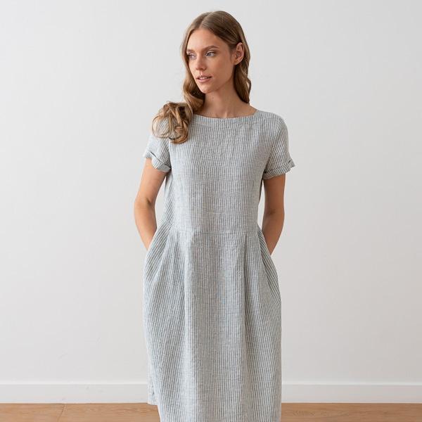 Linenme Medium Stripe Linen Dress Blue Adel