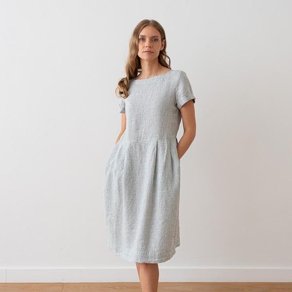 linenme Medium Stripe Linen Dress Blue Adel