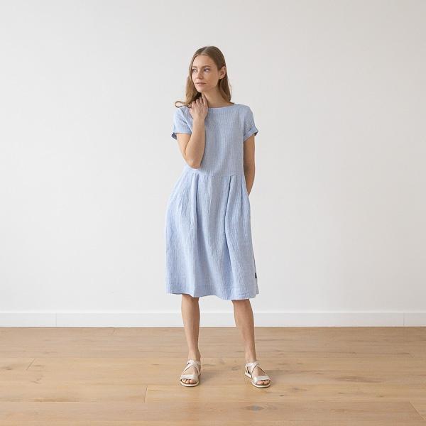 linenme Medium Stripe Linen Dress Blue Adel