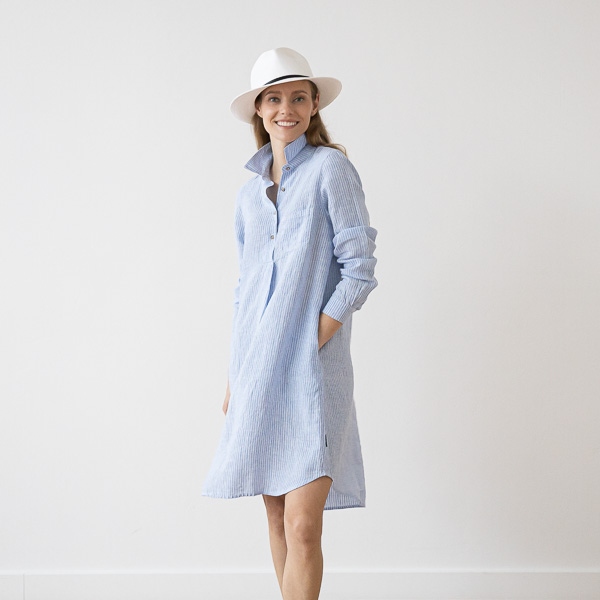 Linenme Medium Stripe Linen Dress Blue Camilla