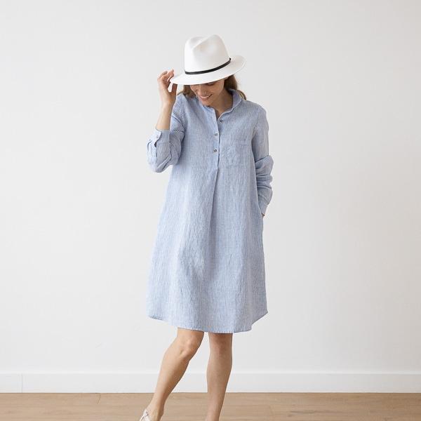 Linenme Medium Stripe Linen Dress Blue Camilla