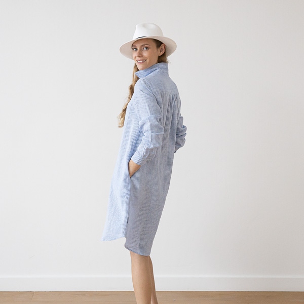 Linenme Medium Stripe Linen Dress Blue Camilla
