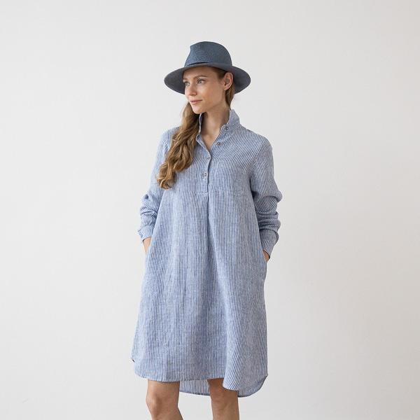Linenme Medium Stripe Linen Dress Blue Camilla
