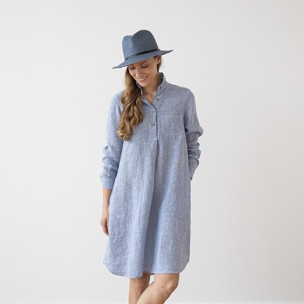 Linenme Medium Stripe Linen Dress Blue Camilla