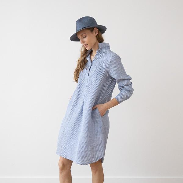Linenme Medium Stripe Linen Dress Blue Camilla