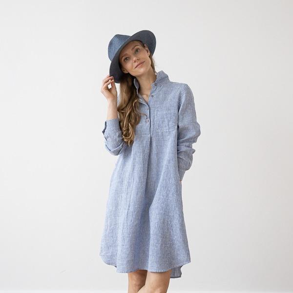 linenme Medium Stripe Linen Dress Blue Camilla