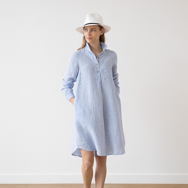 linenme Medium Stripe Linen Dress Blue Camilla