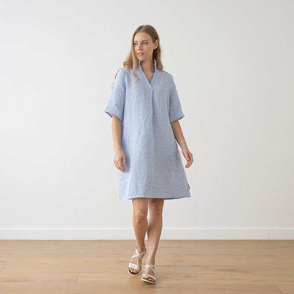 Linenme Medium Stripe Linen Dress Blue Nicolle