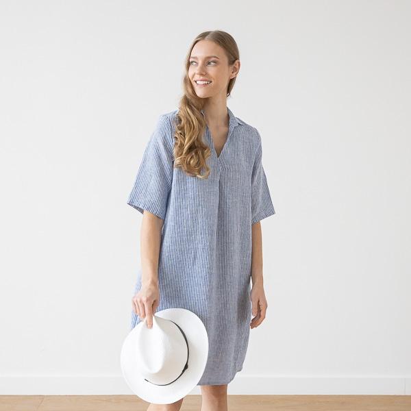 Linenme Medium Stripe Linen Dress Blue Nicolle