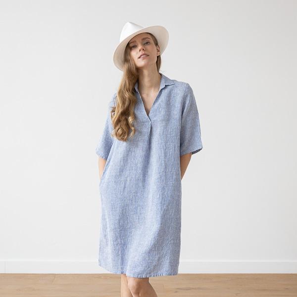 Linenme Medium Stripe Linen Dress Blue Nicolle