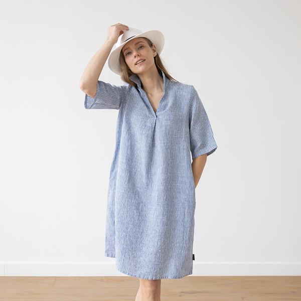 Linenme Medium Stripe Linen Dress Blue Nicolle