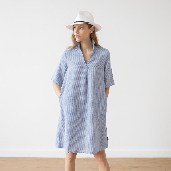 linenme Medium Stripe Linen Dress Blue Nicolle