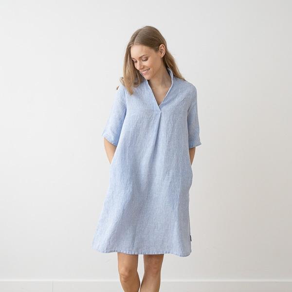 linenme Medium Stripe Linen Dress Blue Nicolle