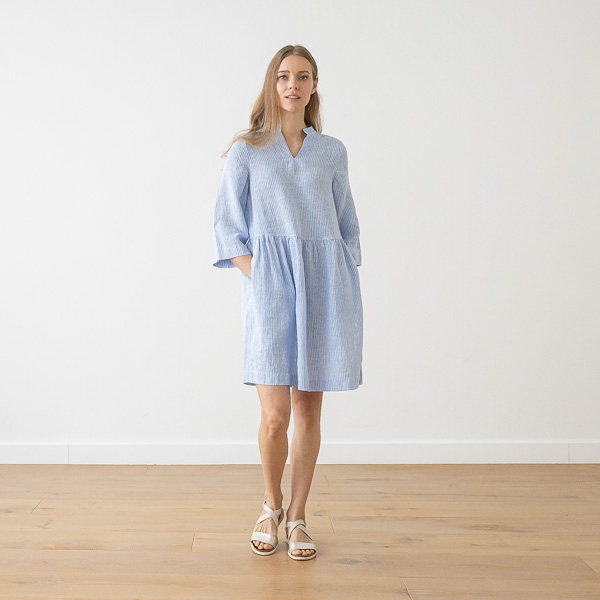 Linenme Medium Stripe Linen Dress Light Blue Ella