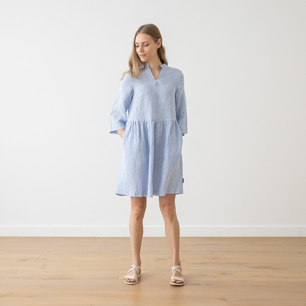 Linenme Medium Stripe Linen Dress Light Blue Ella