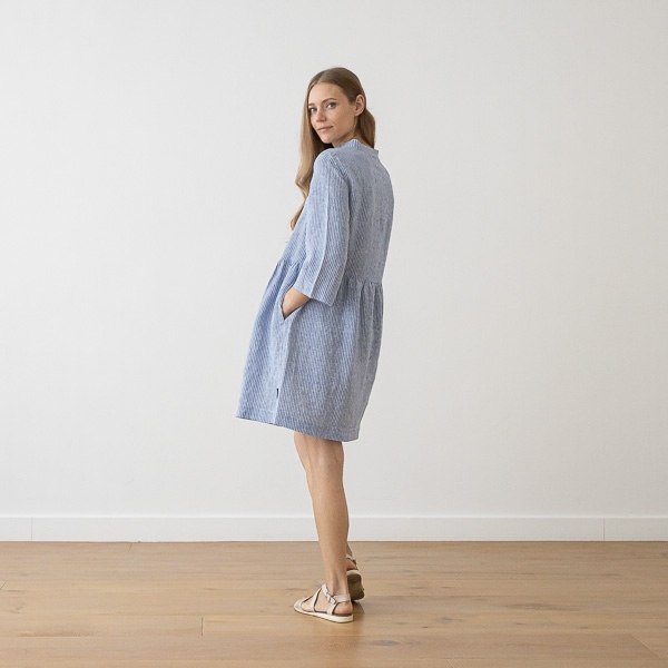 Linenme Medium Stripe Linen Dress Light Blue Ella