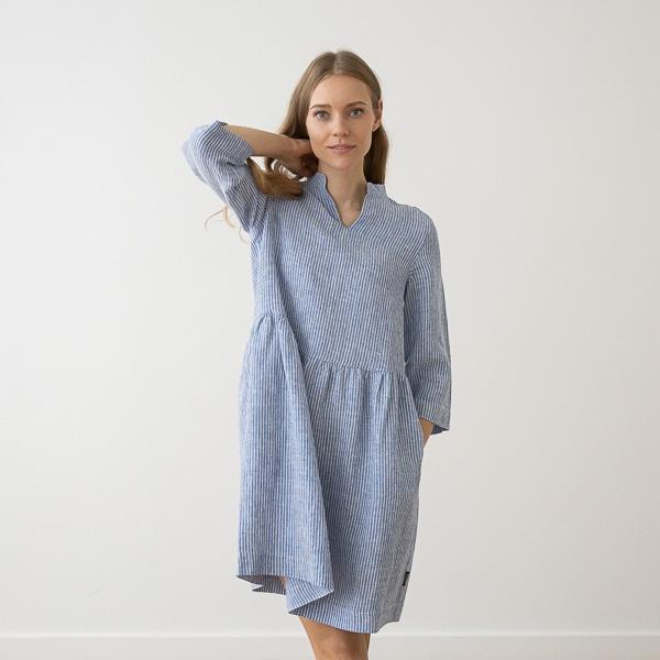 linenme Medium Stripe Linen Dress Light Blue Ella