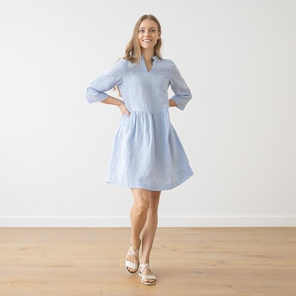 linenme Medium Stripe Linen Dress Light Blue Ella