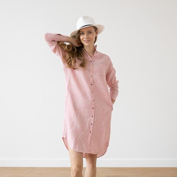 Linenme Medium Stripe Linen Shirt Dress Rosa Paula