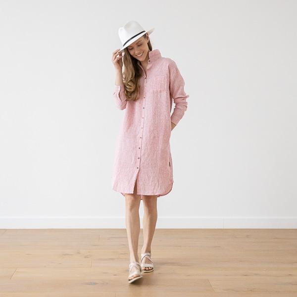 Linenme Medium Stripe Linen Shirt Dress Rosa Paula