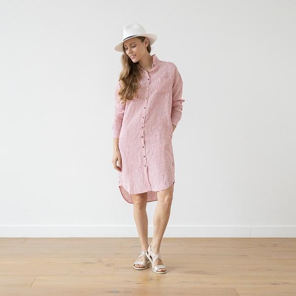 Linenme Medium Stripe Linen Shirt Dress Rosa Paula