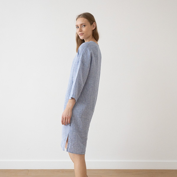 linenme Medium Stripe Linen Tunic Blue Nida