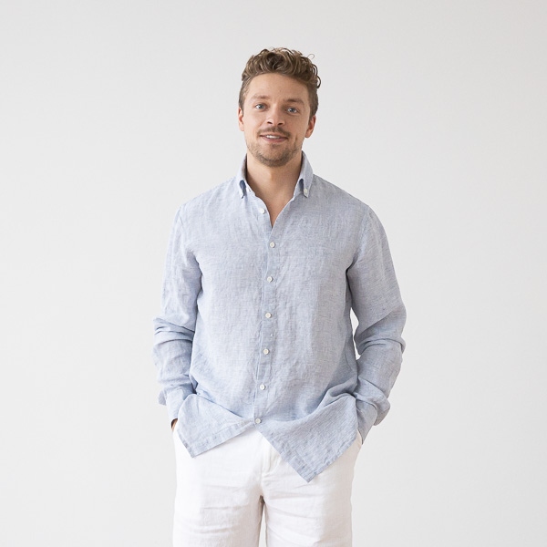 linenme Men's Linen Shirt Blue Pinstripe Paul