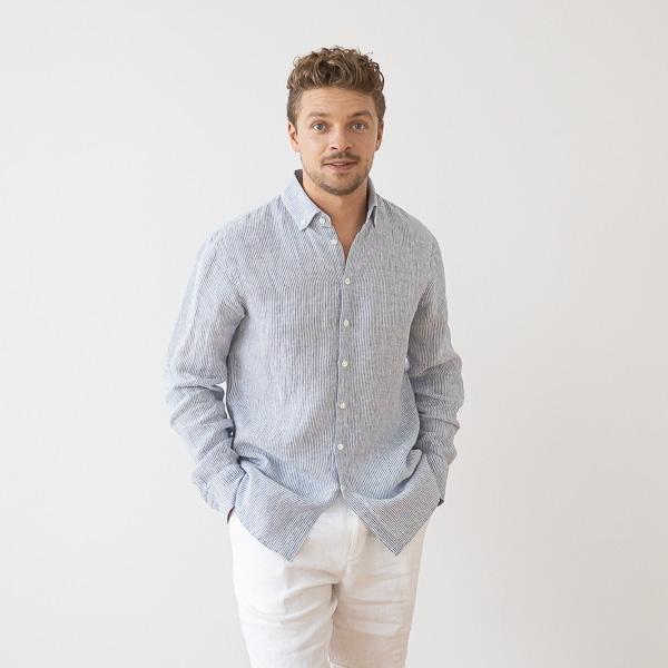 linenme Men's Linen Shirt Blue Stripe Paul