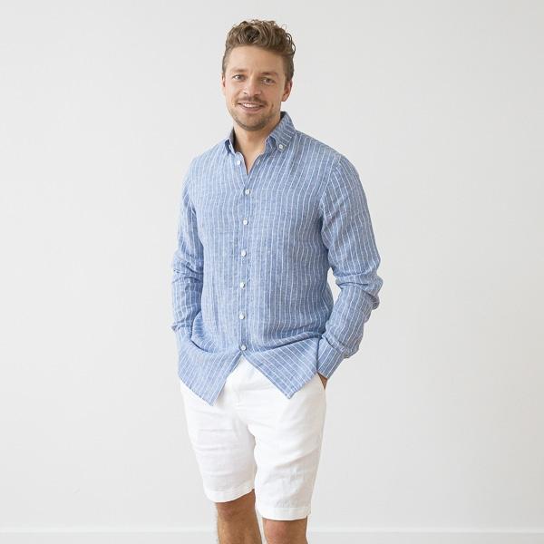linenme Men's Linen Shirt Large Stripe Blue Paul