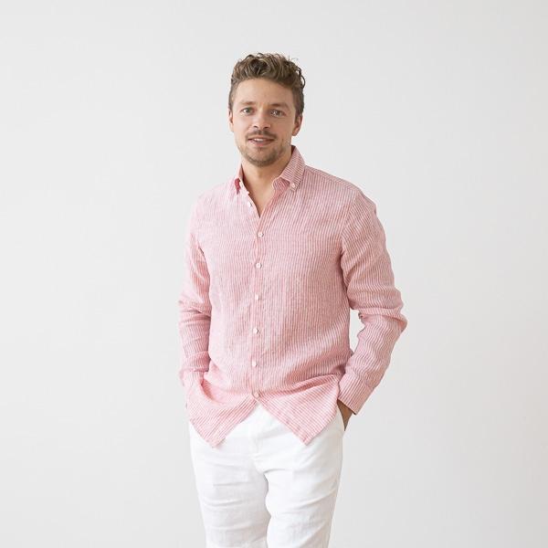 linenme Men's Linen Shirt Medium Stripe Rosa Paul