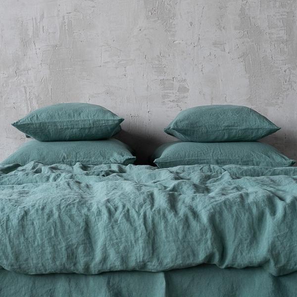 linenme Moss Green Linen Bed Set Stone Washed
