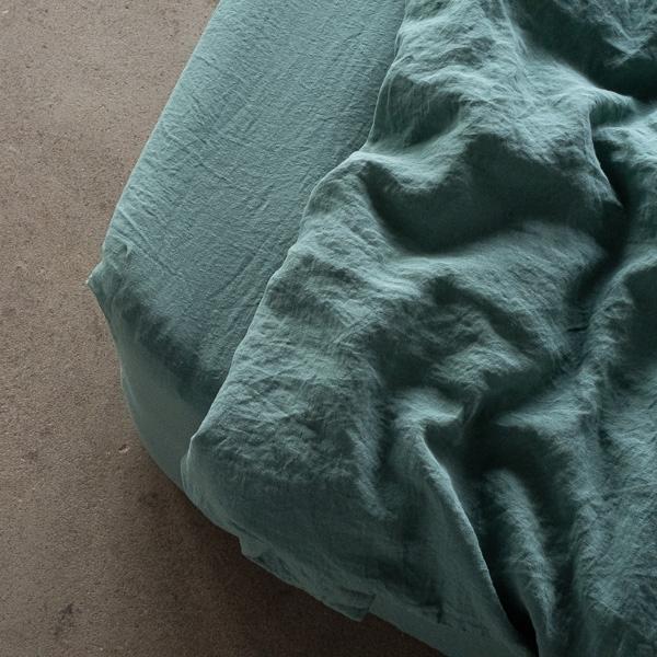 Linenme Moss Green Linen Fitted Sheet Stone Washed