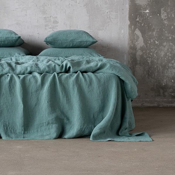 linenme Moss Green Linen Flat Sheet Stone Washed