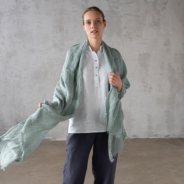 Linenme Moss Green Linen Shawl Garza Fringe