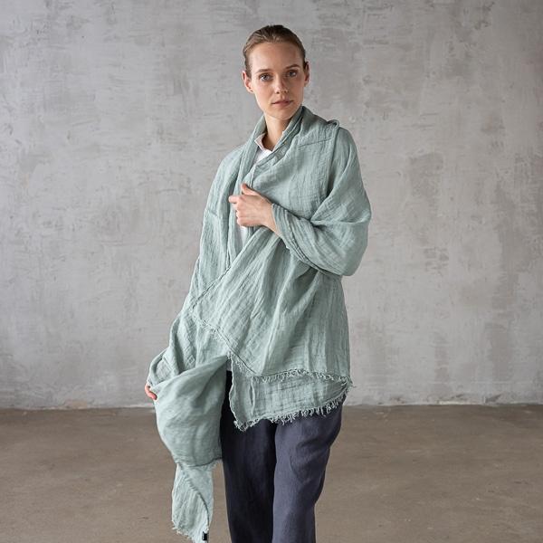 Linenme Moss Green Linen Shawl Garza Fringe