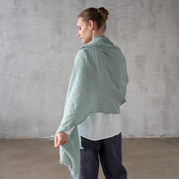 Linenme Moss Green Linen Shawl Garza Fringe