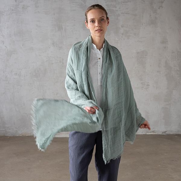 linenme Moss Green Linen Shawl Garza Fringe