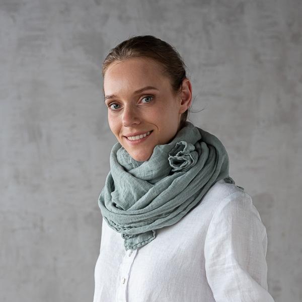 Linenme Moss Green Linen Summer Scarf Garza