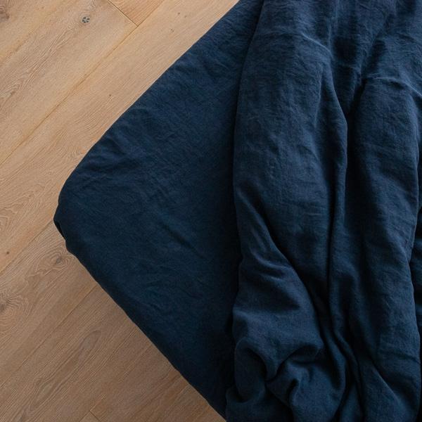 Linenme Navy Blue Linen Fitted Sheet Stone Washed
