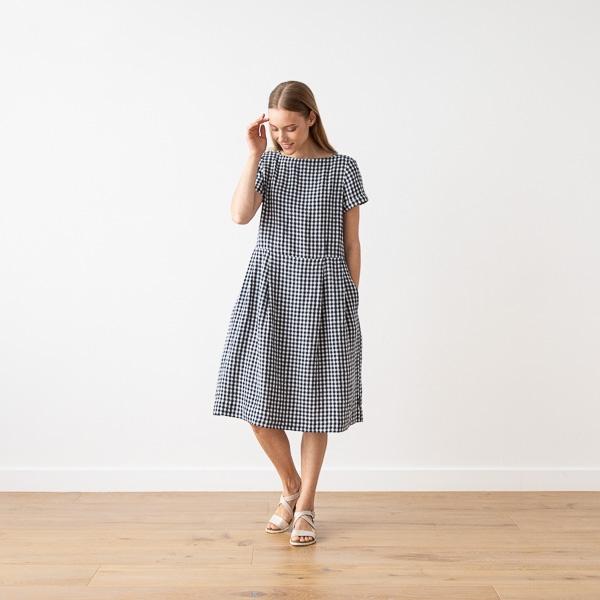 Linenme Navy Check Linen Dress Adel