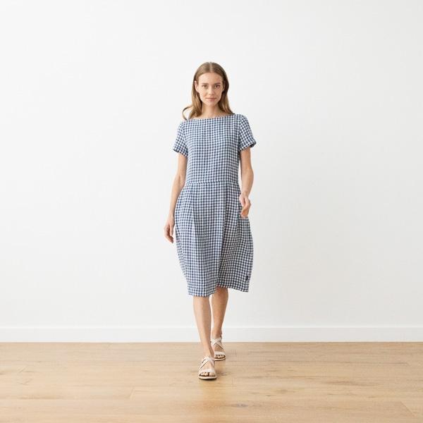 Linenme Navy Check Linen Dress Adel